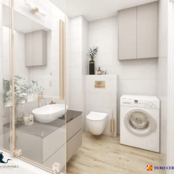 Aranżowanie łazienek Euro-Ceramika Warszawa biała łazienka z kamiennym blatem i drewnianą podłogą